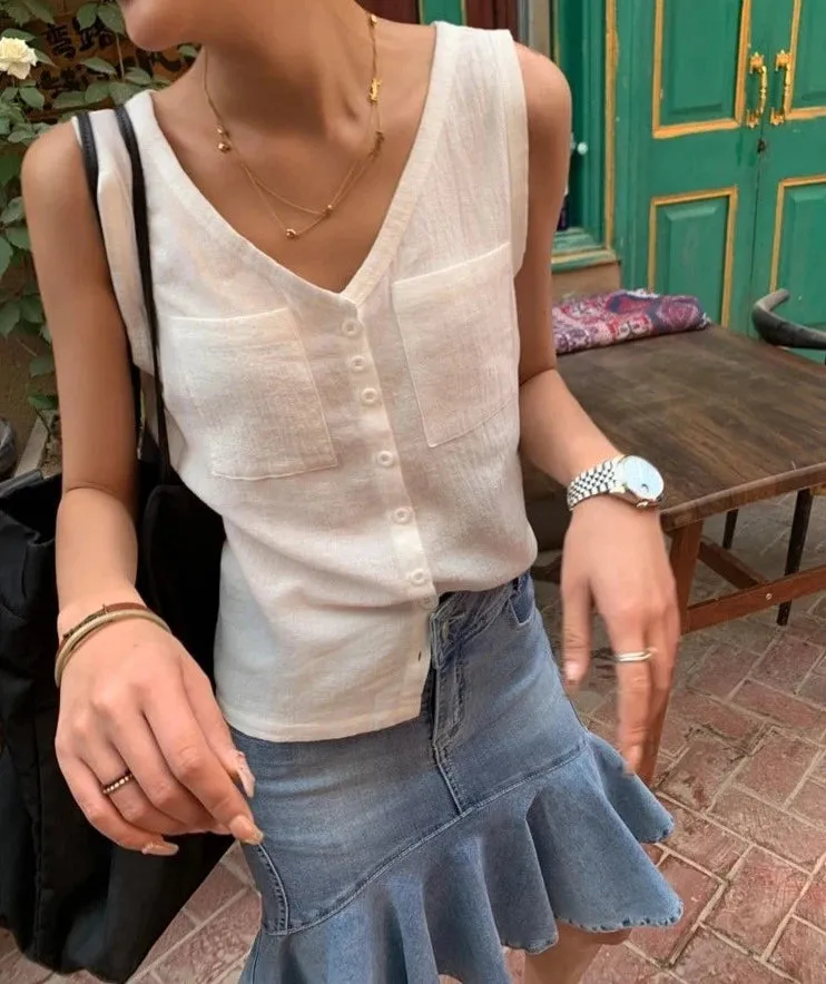 Girlary Casual Women Thin Cotton Summer Vest 2024 New V-neck Pocket Single Breasted Office Lady Tank Beige Black Fashion Sleeveless Top