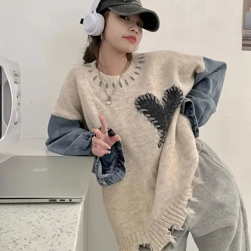 Girlary Fashion Simple Autumn Lazy Style Love Cowboy Patchwork Sweater Women Round Neck Fake Two Asymmetric Loose Long Sleeves Knit Top