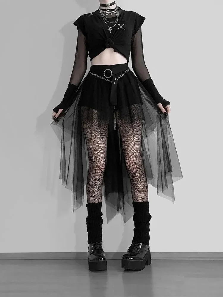 Girlary Harajuku Gothic Mesh Skirt Women Cyberpunk Y2k E-girl High Waist Irregular Skirt Emo Alternative Indie Clubwear Female