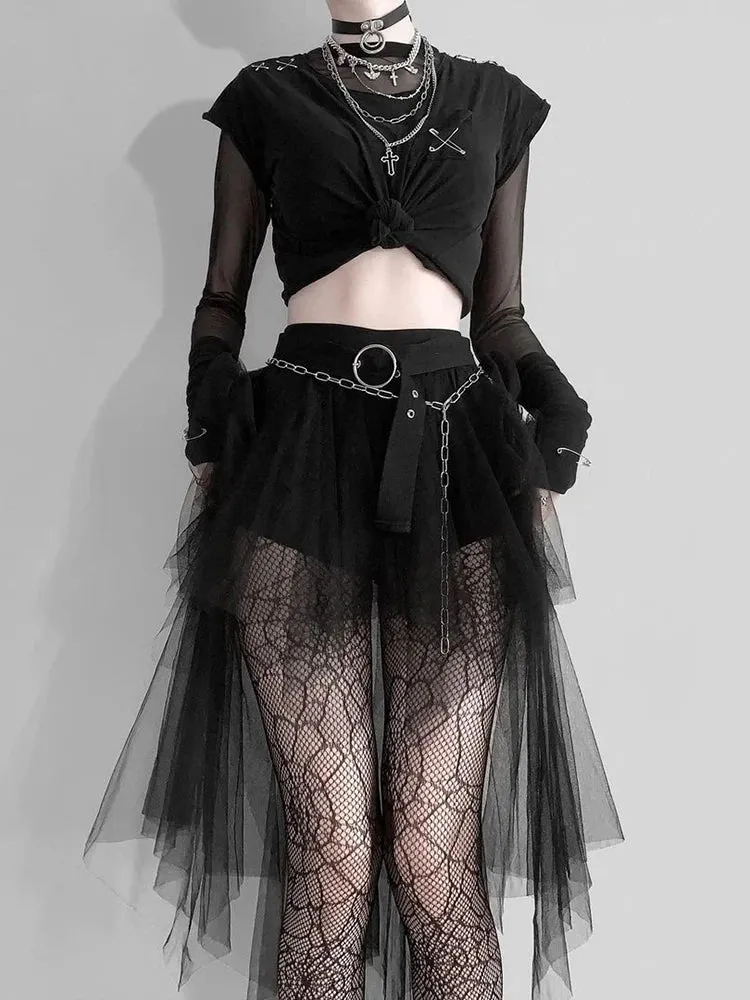 Girlary Harajuku Gothic Mesh Skirt Women Cyberpunk Y2k E-girl High Waist Irregular Skirt Emo Alternative Indie Clubwear Female