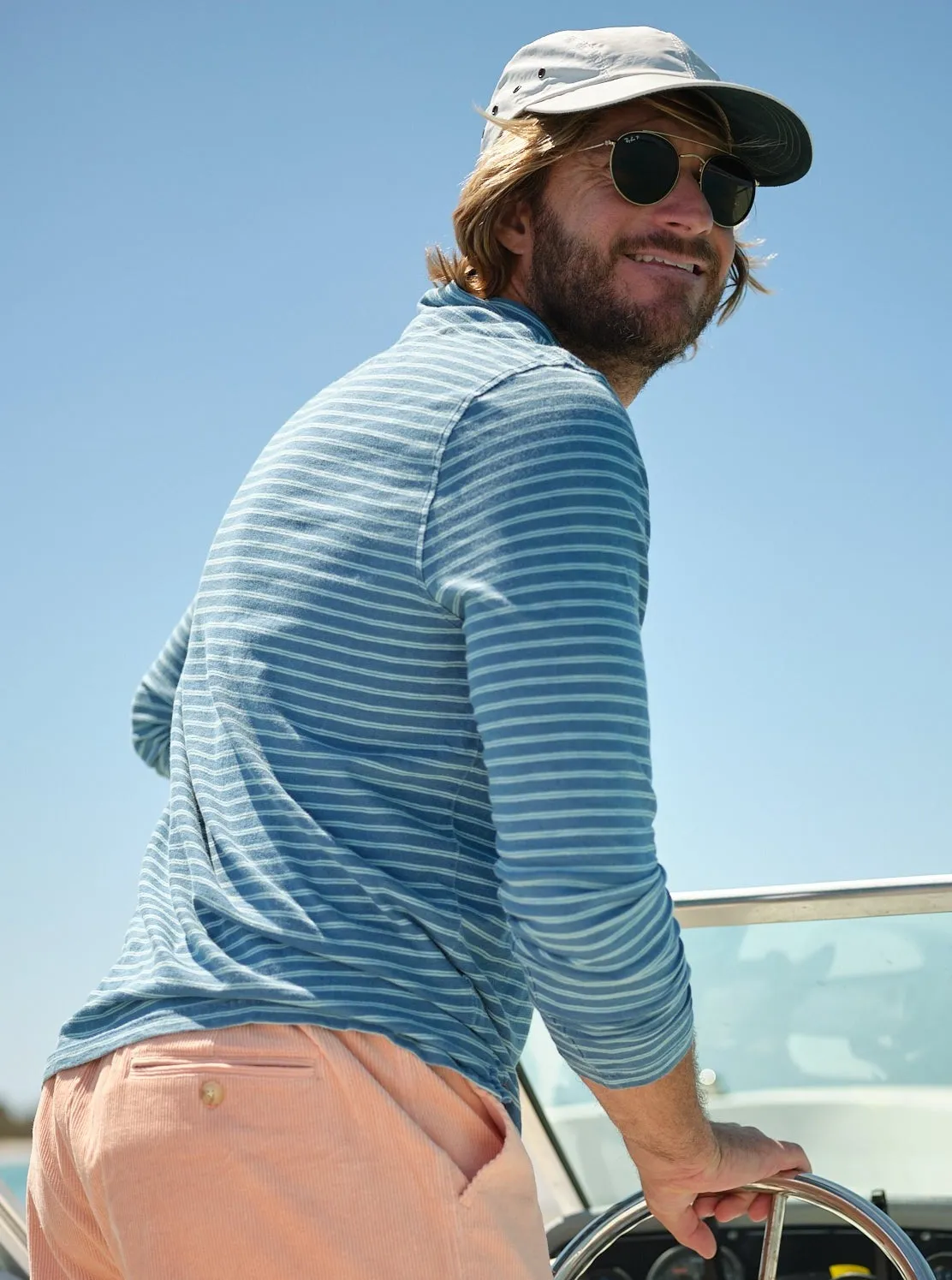 Long Sleeve Indigo Polo in Aquamarine Double Stripe