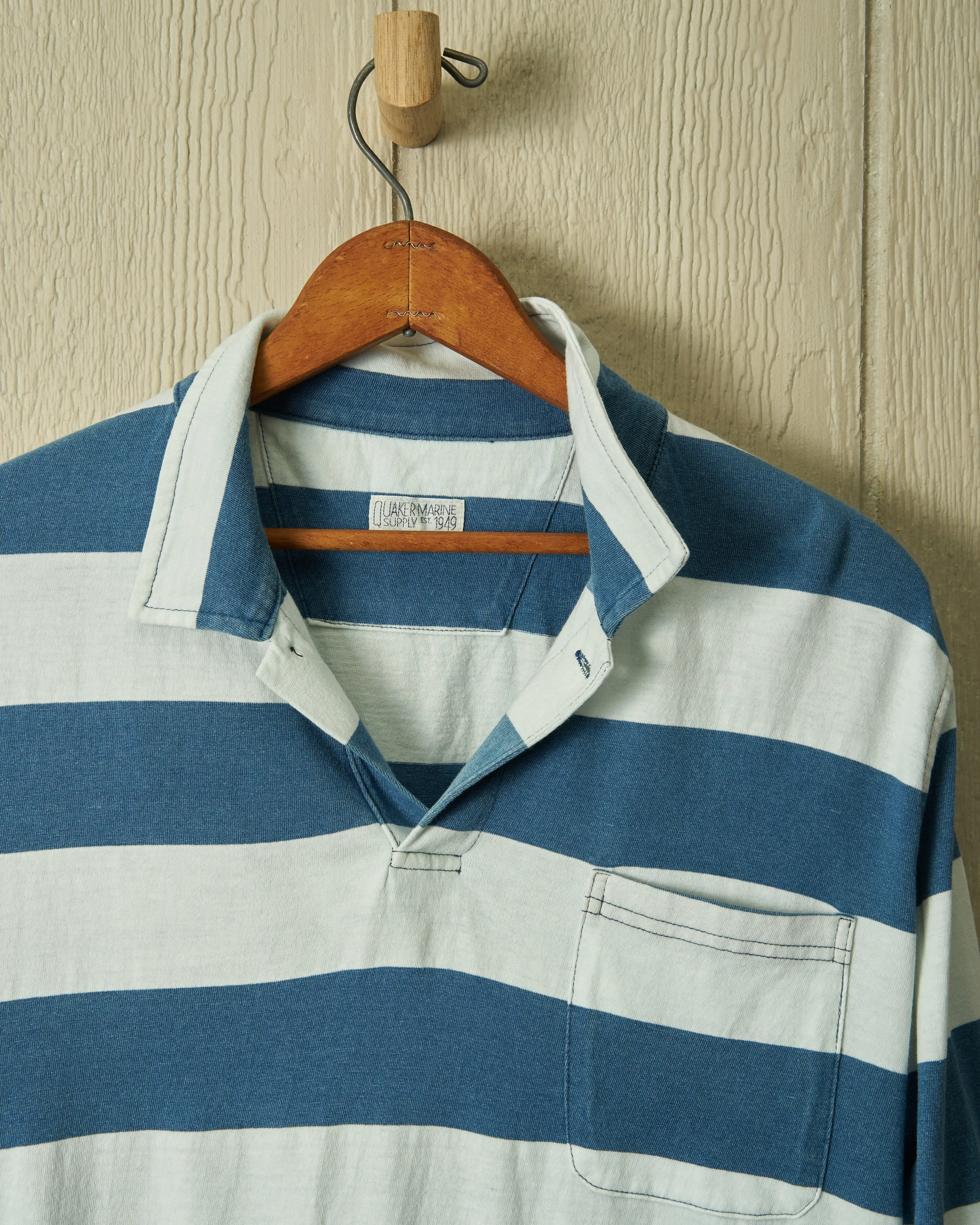 Long Sleeve Indigo Polo in Blue/White Rugby Stripe