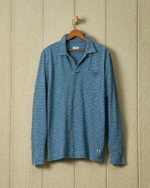 Long Sleeve Indigo Polo in Blue/White Slub Stripe