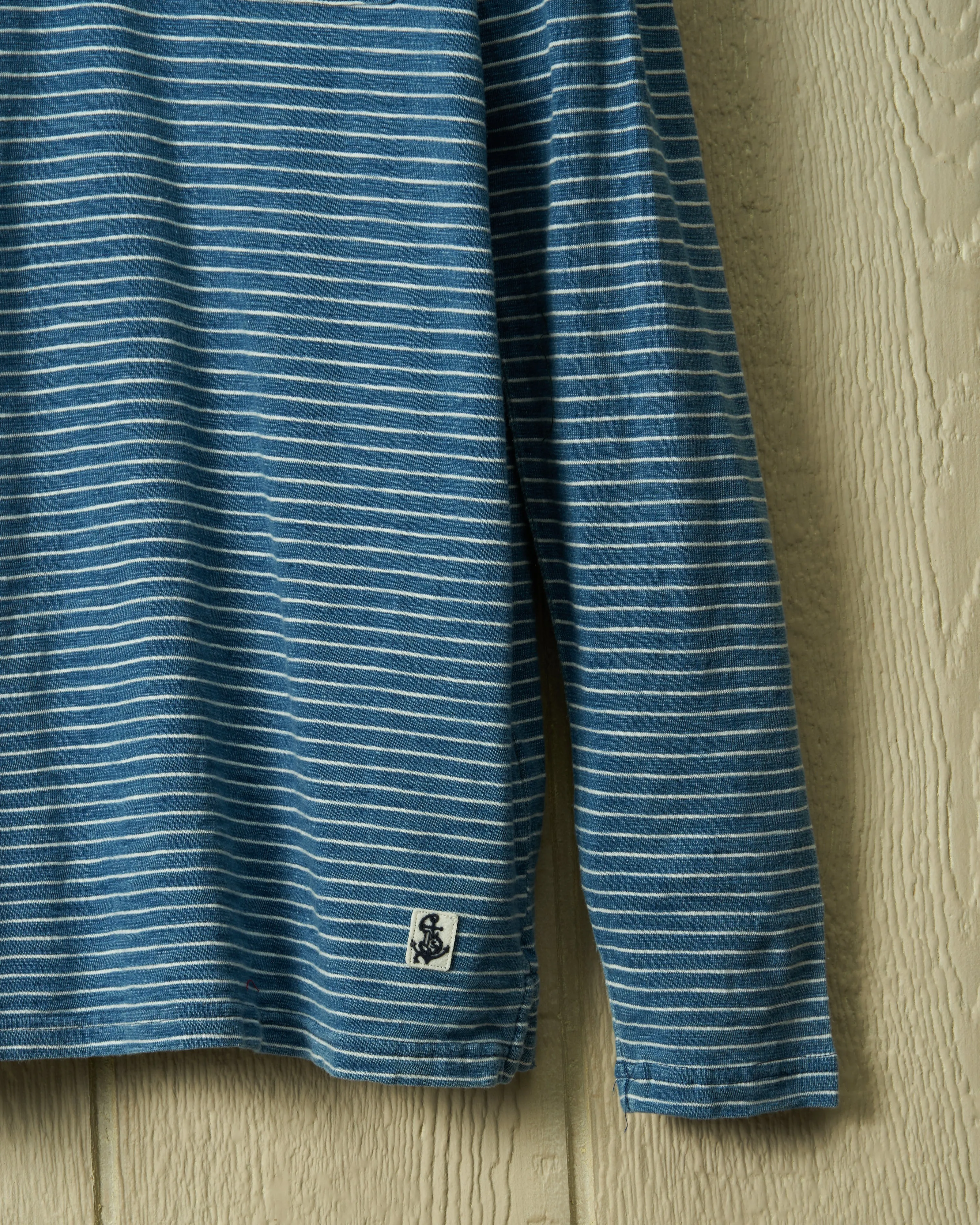 Long Sleeve Indigo Polo in Blue/White Slub Stripe