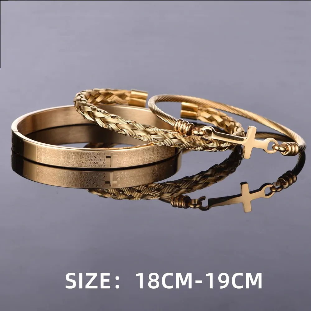 Luxury 3pcs Set Stainless Steel Men Bracelet, Men Jewelry Charm Open Bangle Carving Spanish Scripture