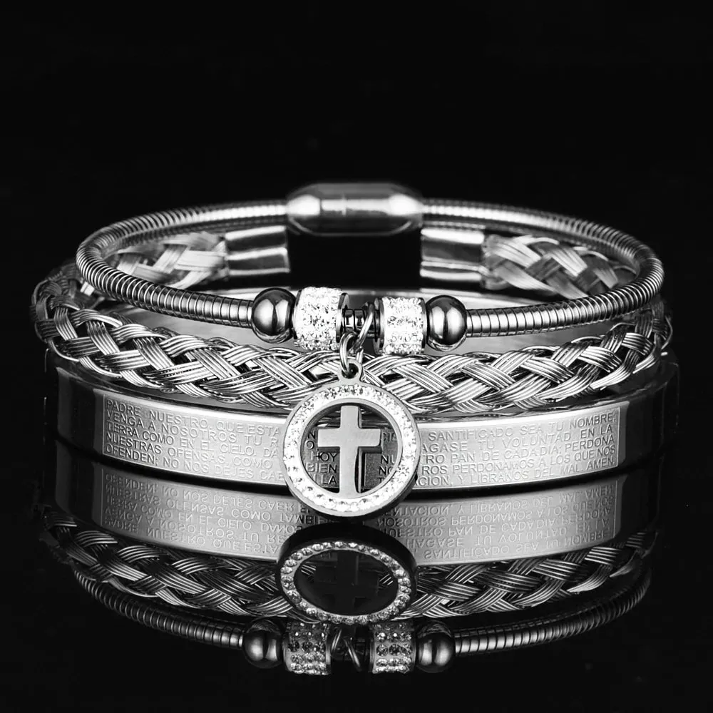 Luxury 3pcs Set Stainless Steel Men Bracelet, Men Jewelry Charm Open Bangle Carving Spanish Scripture