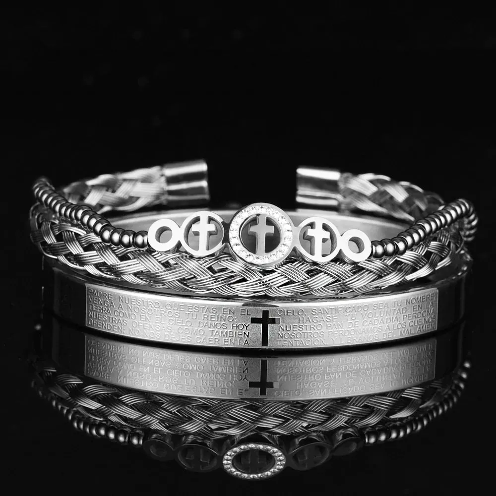 Luxury 3pcs Set Stainless Steel Men Bracelet, Men Jewelry Charm Open Bangle Carving Spanish Scripture