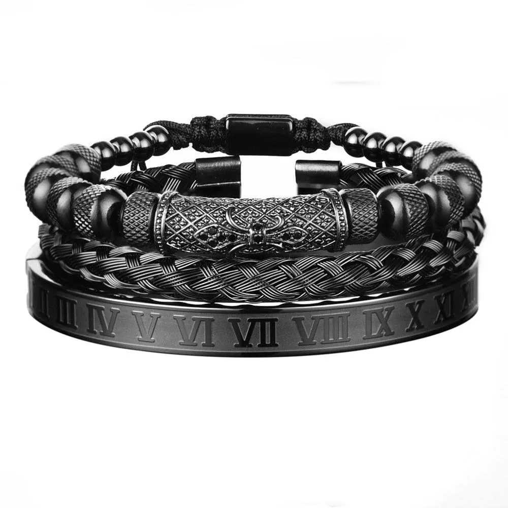 Luxury 3pcs/Set Flower Charm Black Men Bangles, Stainless Steel Bracelet Men Roman Number Europe Fashion Jewelry