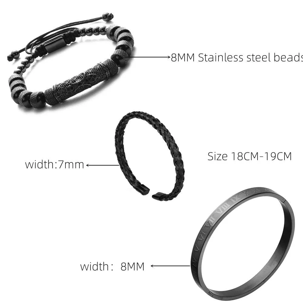 Luxury 3pcs/Set Flower Charm Black Men Bangles, Stainless Steel Bracelet Men Roman Number Europe Fashion Jewelry