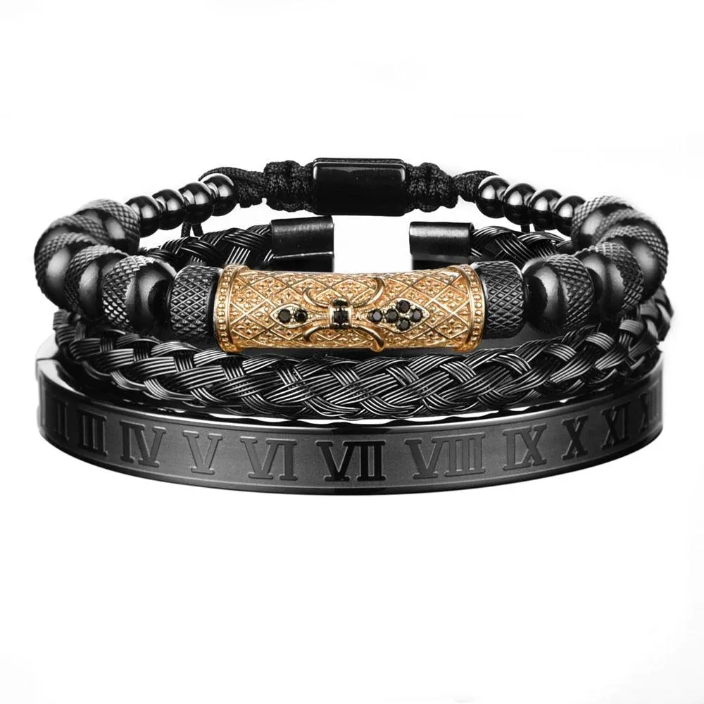 Luxury 3pcs/Set Flower Charm Black Men Bangles, Stainless Steel Bracelet Men Roman Number Europe Fashion Jewelry