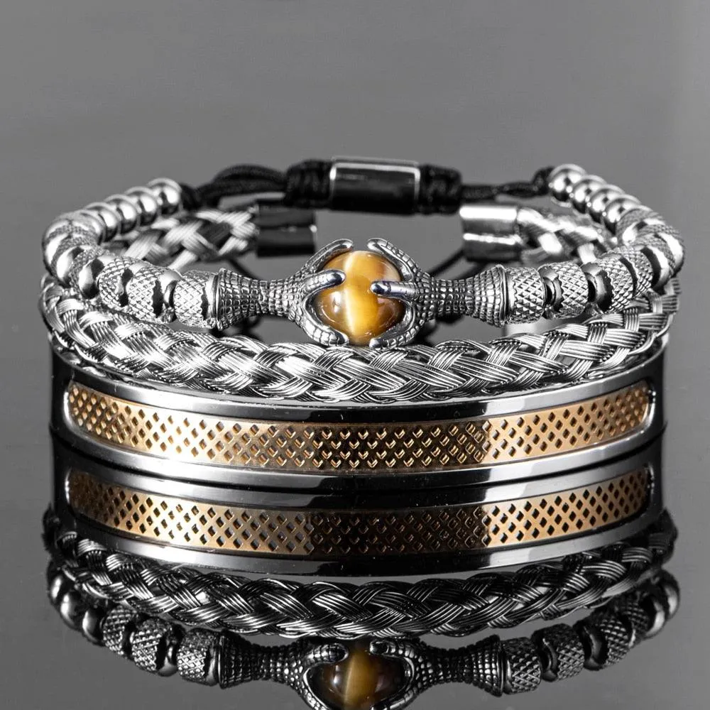 Luxury Set Men Bracelet Stainless Steel, Handmade Rope Bangles, Men Eagle Bracelets With Tiger Eye Natural Stone