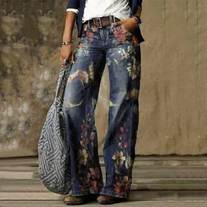 LVSANW American Wash Old Big Print Micro Flare Jeans Female Retro Loose Straight Pants High Waist Draped Casual Denim Trousers