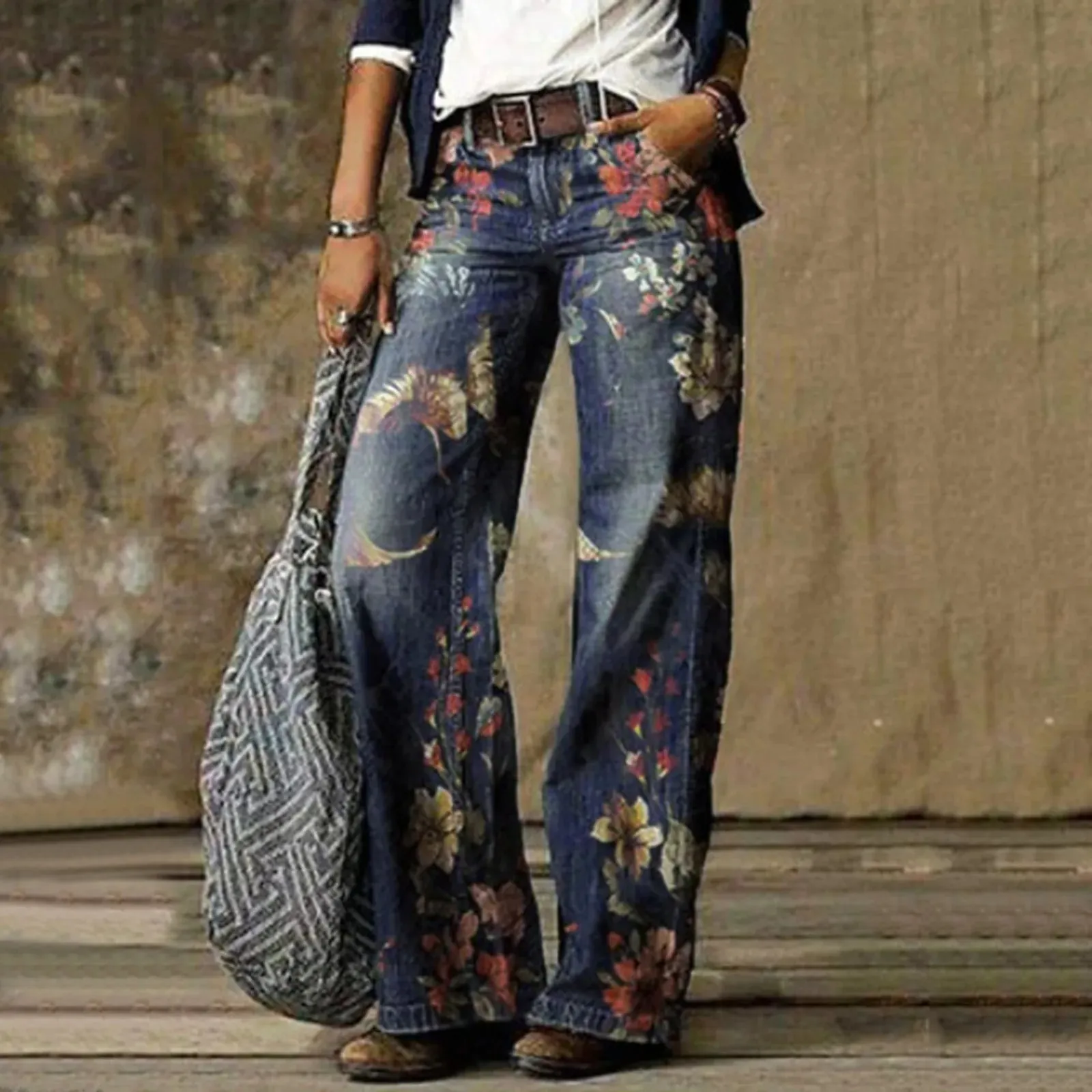 LVSANW American Wash Old Big Print Micro Flare Jeans Female Retro Loose Straight Pants High Waist Draped Casual Denim Trousers