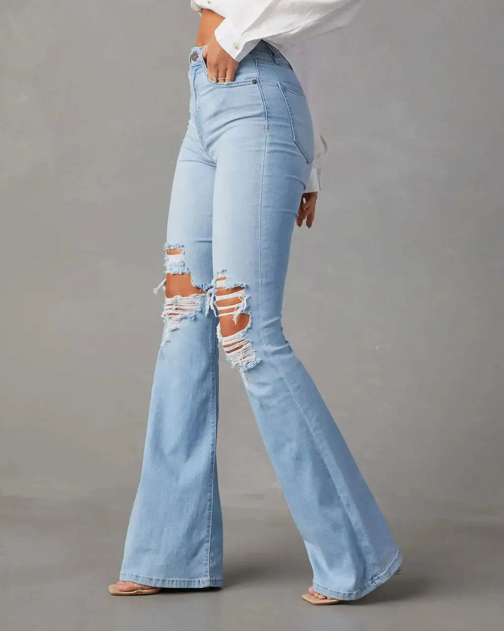 LVSANW Blue Jeans for Women Pants Jeans Casual Long Flare Pants Slim High Waist Hole Denim Trousers Button Capris Y2k Spring 2024