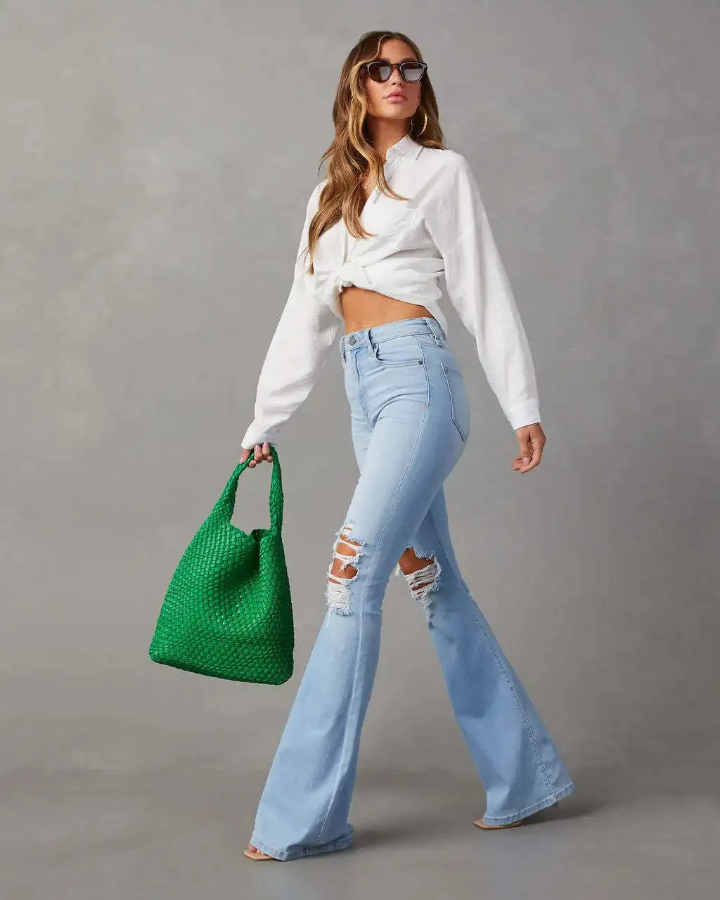 LVSANW Blue Jeans for Women Pants Jeans Casual Long Flare Pants Slim High Waist Hole Denim Trousers Button Capris Y2k Spring 2024