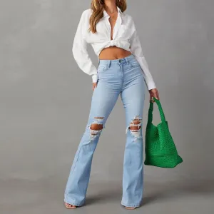 LVSANW Blue Jeans for Women Pants Jeans Casual Long Flare Pants Slim High Waist Hole Denim Trousers Button Capris Y2k Spring 2024