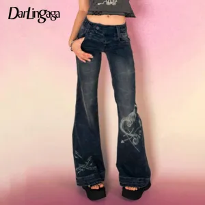 LVSANW Darlingaga Y2K Grunge Fairycore Chic Skinny Low Rise Flared Jeans Women Vintage Aesthetic Heart Printed Denim Trousers Boot Cut