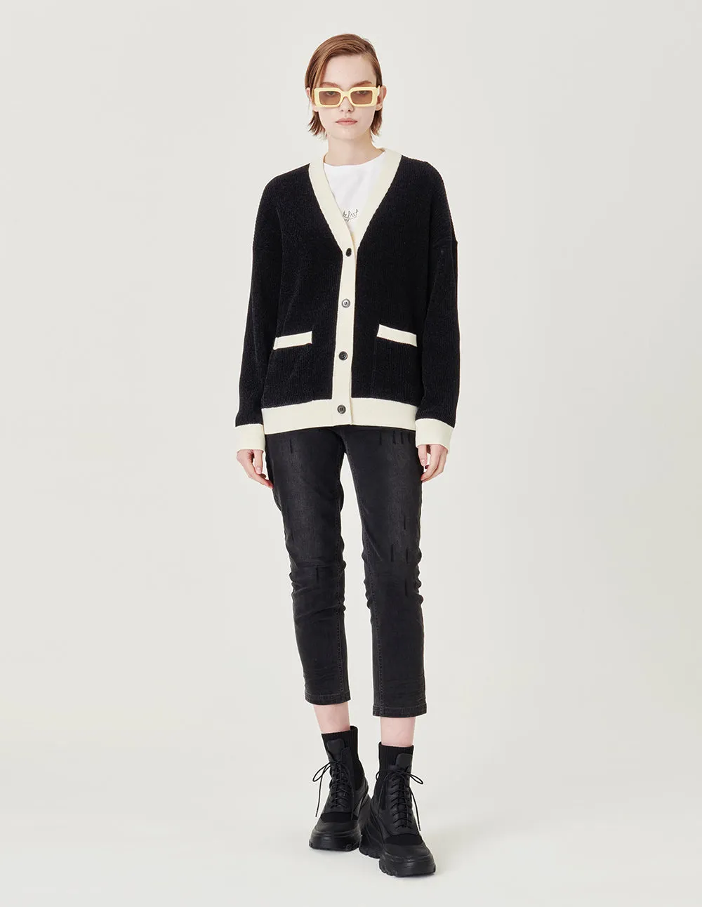 MARK FAST Deep V neckline black white cardigan