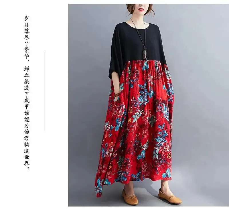 Oversized Cotton Casual Summer Dress Patchwork Women Ladies Dresses New Fashion Woman Long Loose Oversize Floral Dress 2024