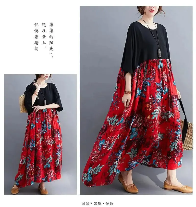 Oversized Cotton Casual Summer Dress Patchwork Women Ladies Dresses New Fashion Woman Long Loose Oversize Floral Dress 2024