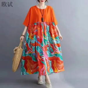 Oversized Cotton Casual Summer Dress Patchwork Women Ladies Dresses New Fashion Woman Long Loose Oversize Floral Dress 2024