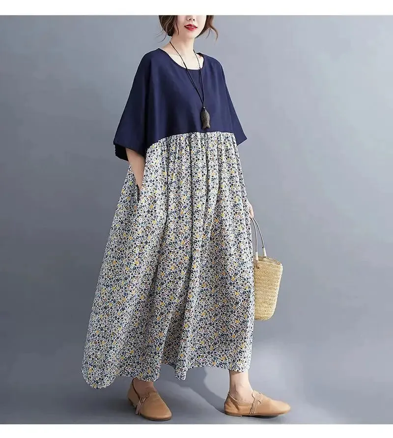 Oversized Cotton Casual Summer Dress Patchwork Women Ladies Dresses New Fashion Woman Long Loose Oversize Floral Dress 2024