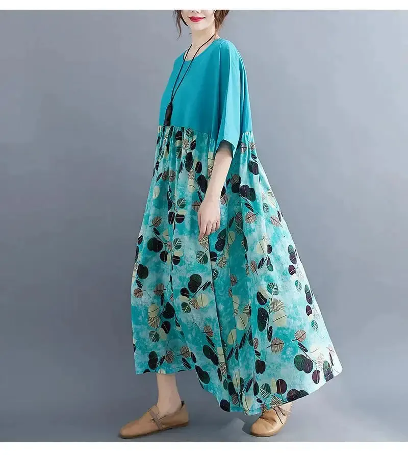 Oversized Cotton Casual Summer Dress Patchwork Women Ladies Dresses New Fashion Woman Long Loose Oversize Floral Dress 2024