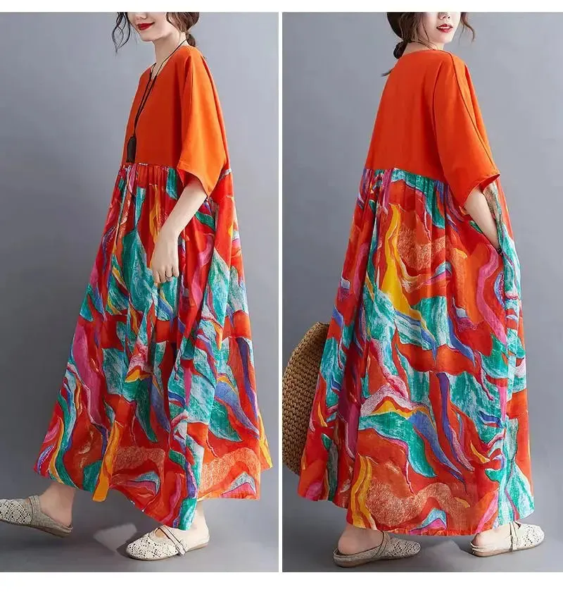 Oversized Cotton Casual Summer Dress Patchwork Women Ladies Dresses New Fashion Woman Long Loose Oversize Floral Dress 2024