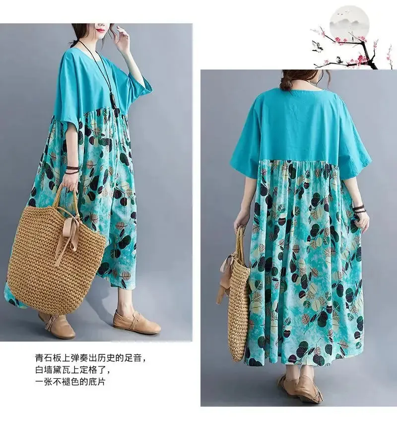 Oversized Cotton Casual Summer Dress Patchwork Women Ladies Dresses New Fashion Woman Long Loose Oversize Floral Dress 2024