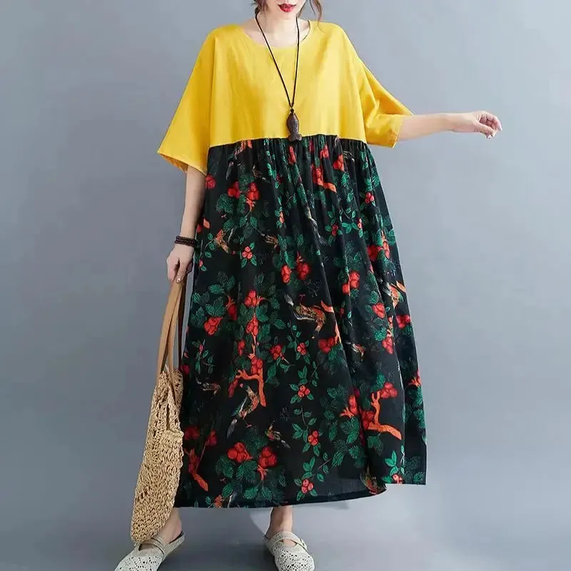 Oversized Cotton Casual Summer Dress Patchwork Women Ladies Dresses New Fashion Woman Long Loose Oversize Floral Dress 2024