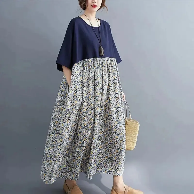 Oversized Cotton Casual Summer Dress Patchwork Women Ladies Dresses New Fashion Woman Long Loose Oversize Floral Dress 2024