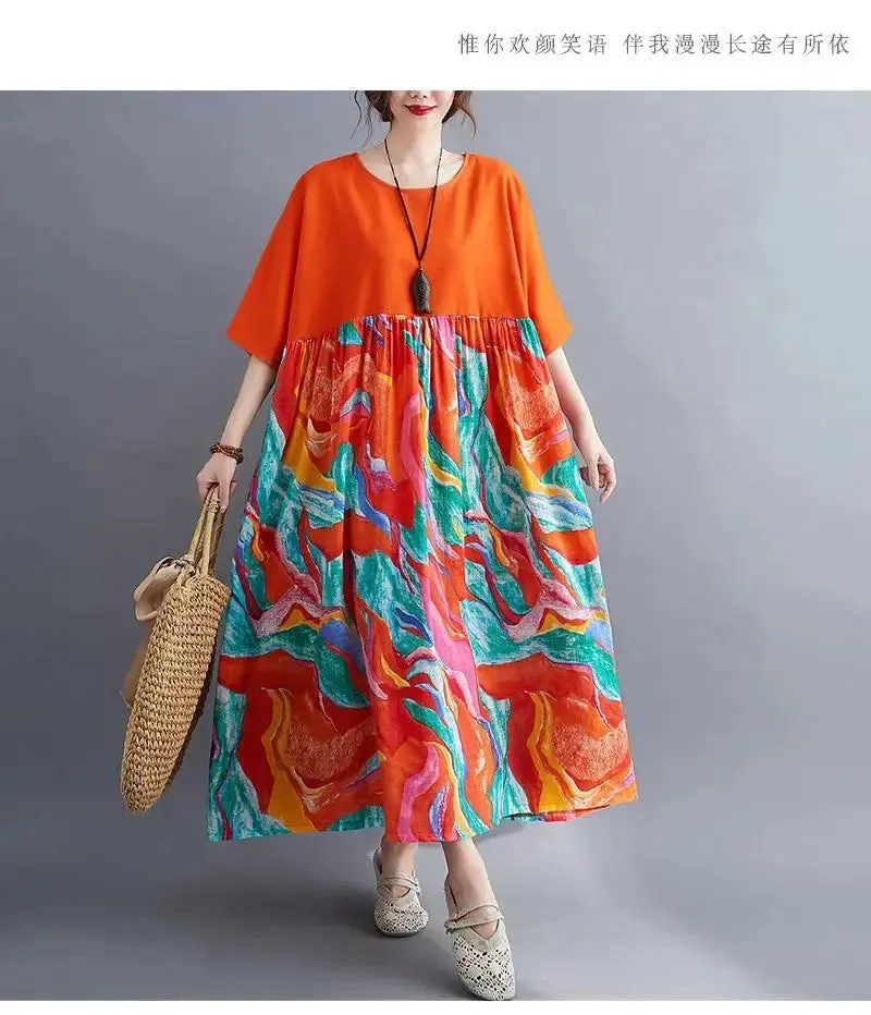 Oversized Cotton Casual Summer Dress Patchwork Women Ladies Dresses New Fashion Woman Long Loose Oversize Floral Dress 2024