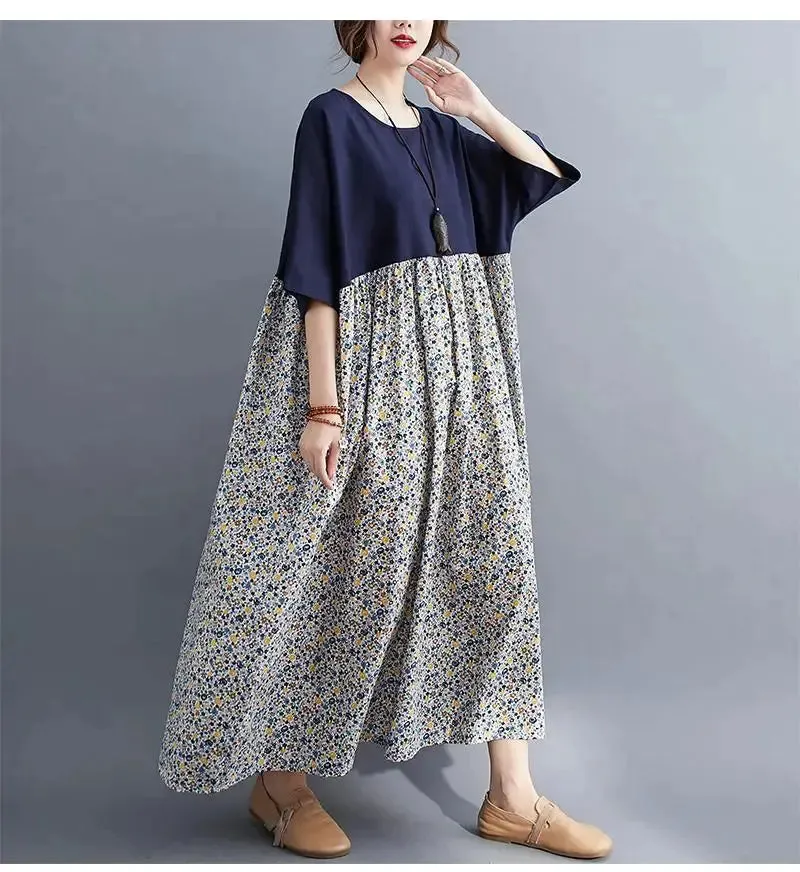 Oversized Cotton Casual Summer Dress Patchwork Women Ladies Dresses New Fashion Woman Long Loose Oversize Floral Dress 2024