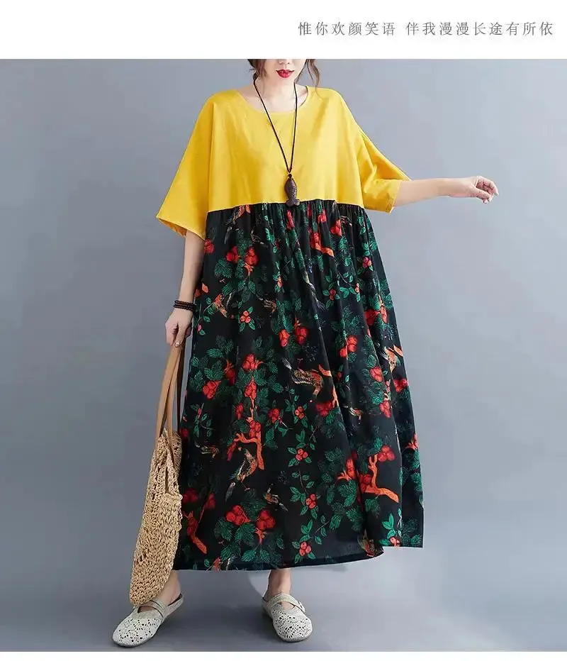 Oversized Cotton Casual Summer Dress Patchwork Women Ladies Dresses New Fashion Woman Long Loose Oversize Floral Dress 2024