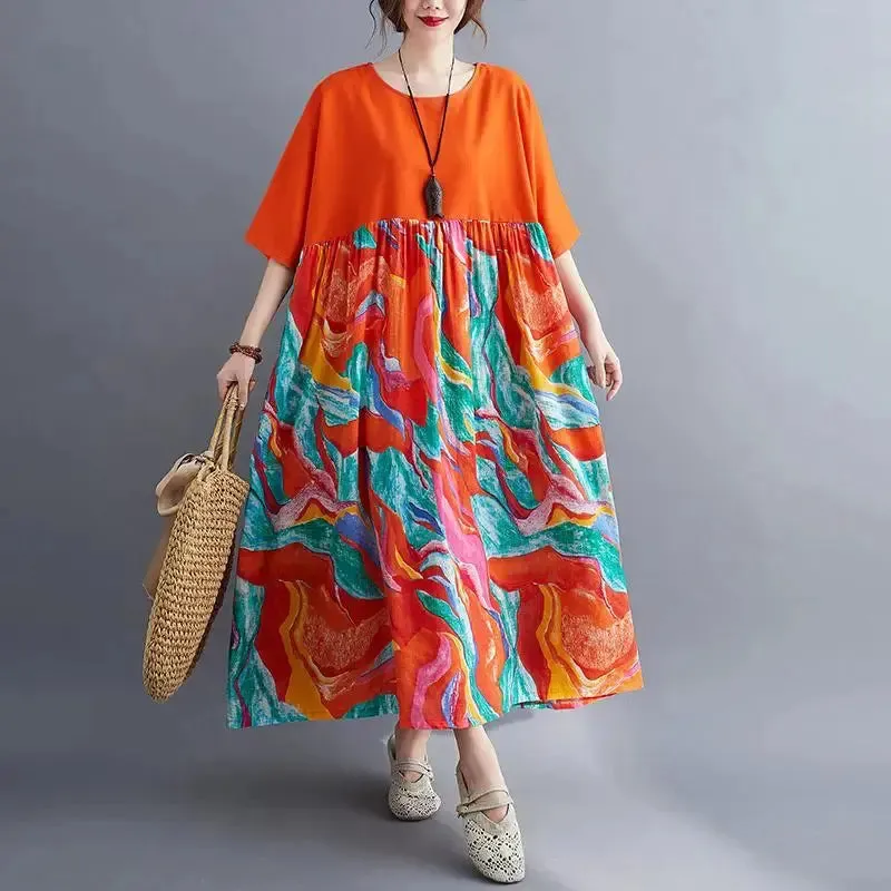 Oversized Cotton Casual Summer Dress Patchwork Women Ladies Dresses New Fashion Woman Long Loose Oversize Floral Dress 2024