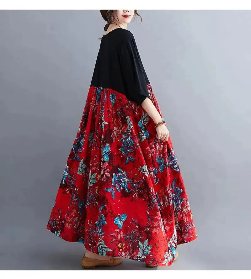 Oversized Cotton Casual Summer Dress Patchwork Women Ladies Dresses New Fashion Woman Long Loose Oversize Floral Dress 2024