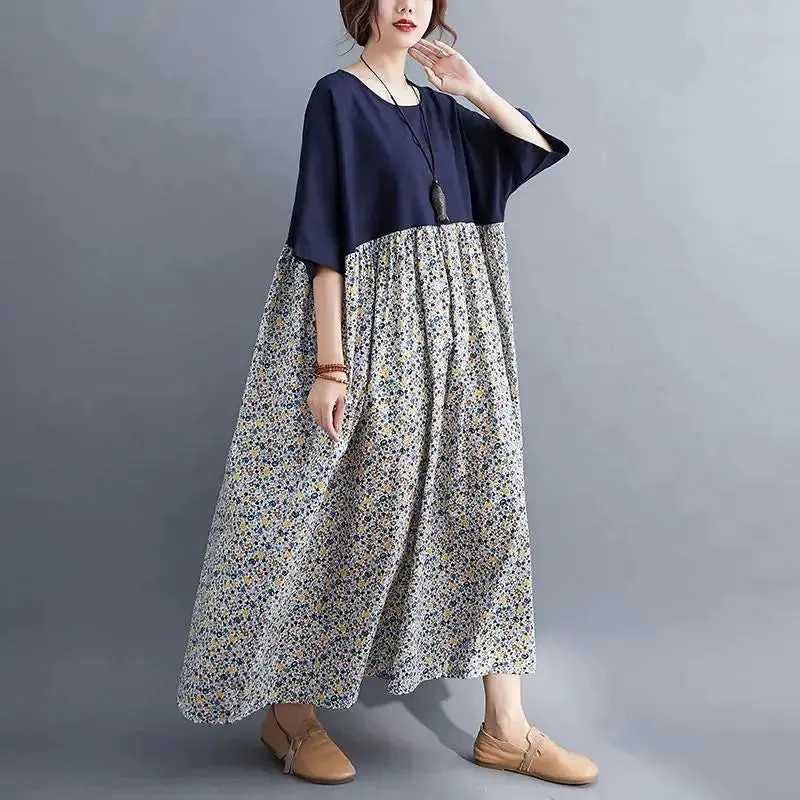 Oversized Cotton Casual Summer Dress Patchwork Women Ladies Dresses New Fashion Woman Long Loose Oversize Floral Dress 2024