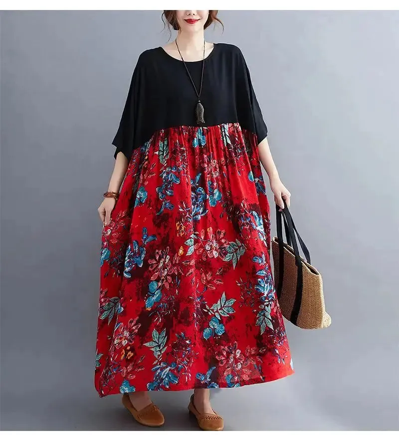 Oversized Cotton Casual Summer Dress Patchwork Women Ladies Dresses New Fashion Woman Long Loose Oversize Floral Dress 2024