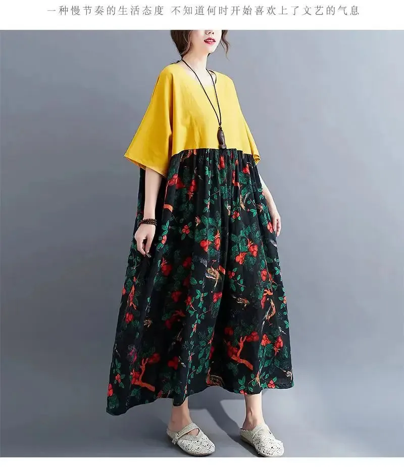 Oversized Cotton Casual Summer Dress Patchwork Women Ladies Dresses New Fashion Woman Long Loose Oversize Floral Dress 2024