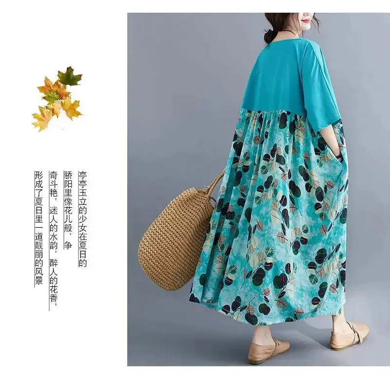 Oversized Cotton Casual Summer Dress Patchwork Women Ladies Dresses New Fashion Woman Long Loose Oversize Floral Dress 2024