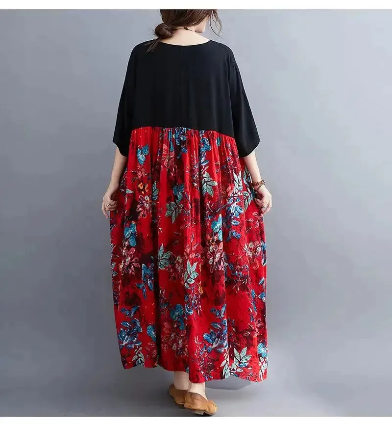 Oversized Cotton Casual Summer Dress Patchwork Women Ladies Dresses New Fashion Woman Long Loose Oversize Floral Dress 2024