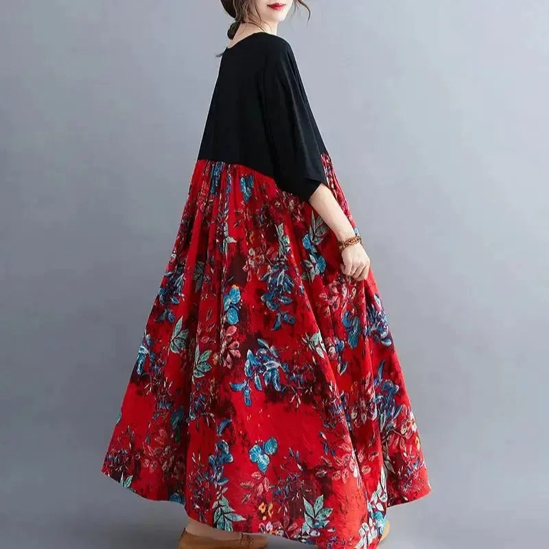 Oversized Cotton Casual Summer Dress Patchwork Women Ladies Dresses New Fashion Woman Long Loose Oversize Floral Dress 2024