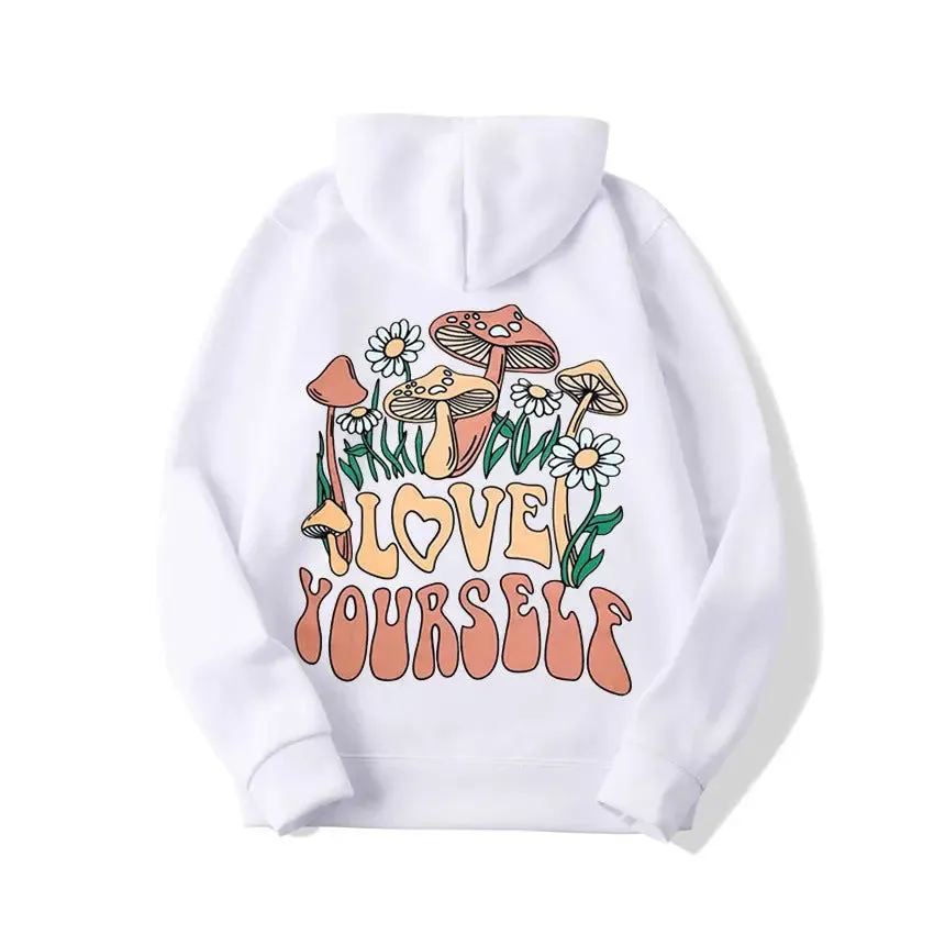 Plus Size Loose Mushroom Slogan Hoodie