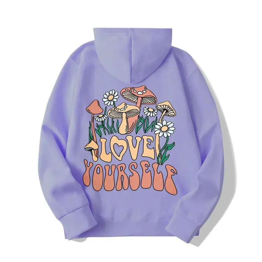 Plus Size Loose Mushroom Slogan Hoodie