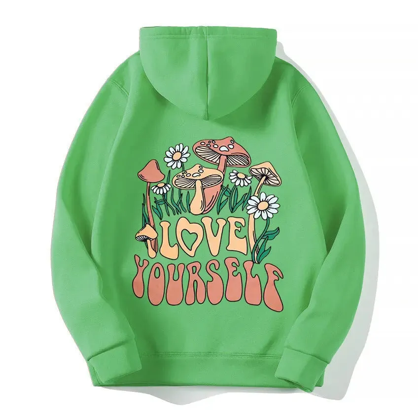 Plus Size Loose Mushroom Slogan Hoodie