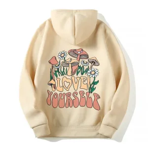 Plus Size Loose Mushroom Slogan Hoodie