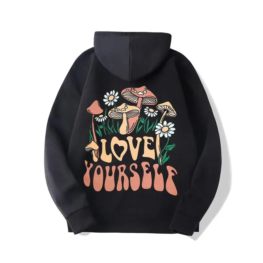 Plus Size Loose Mushroom Slogan Hoodie