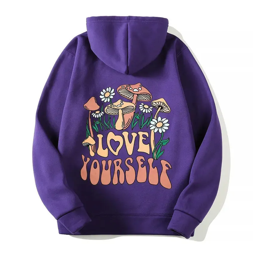 Plus Size Loose Mushroom Slogan Hoodie