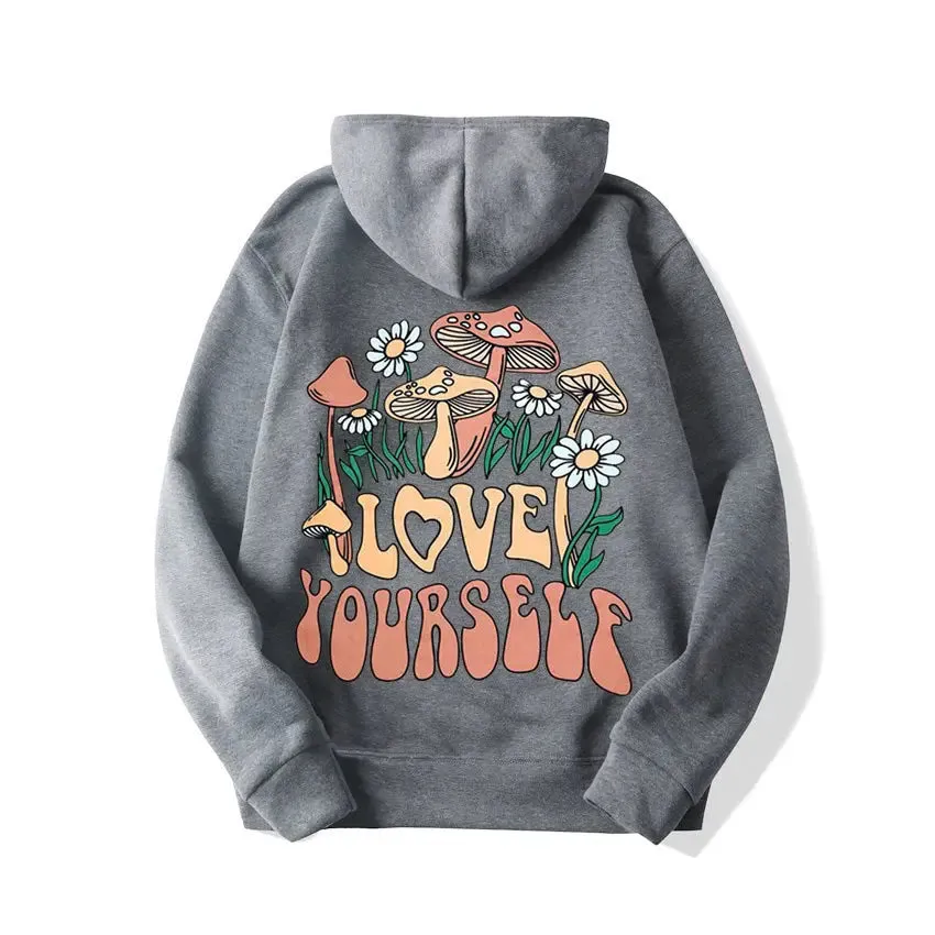 Plus Size Loose Mushroom Slogan Hoodie