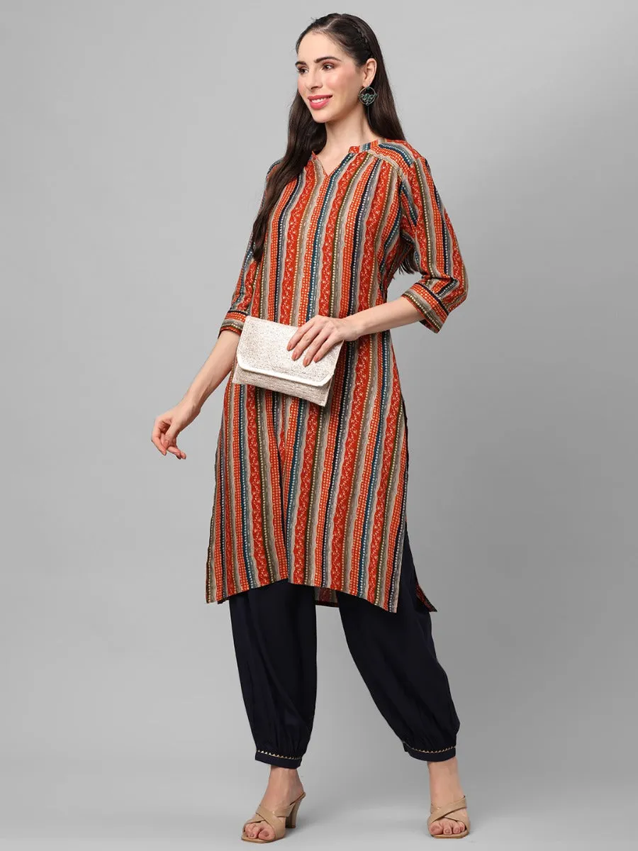 Rust Multi Stripe Printed Kurta With Harem Pant